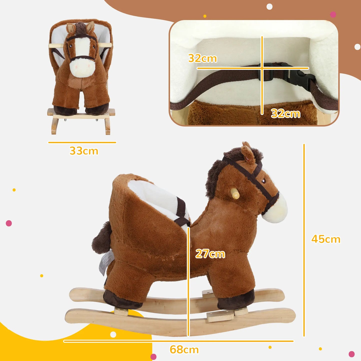 Kids Rocking Horse Plush Ride on Horse with Sound Effect and Wooden Base