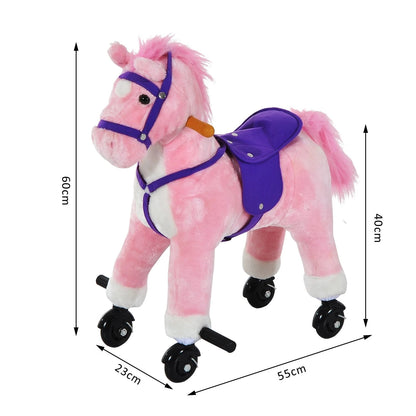 Small Ride on Horse with Wheels or Manual Movement and Sound Effects - Pink