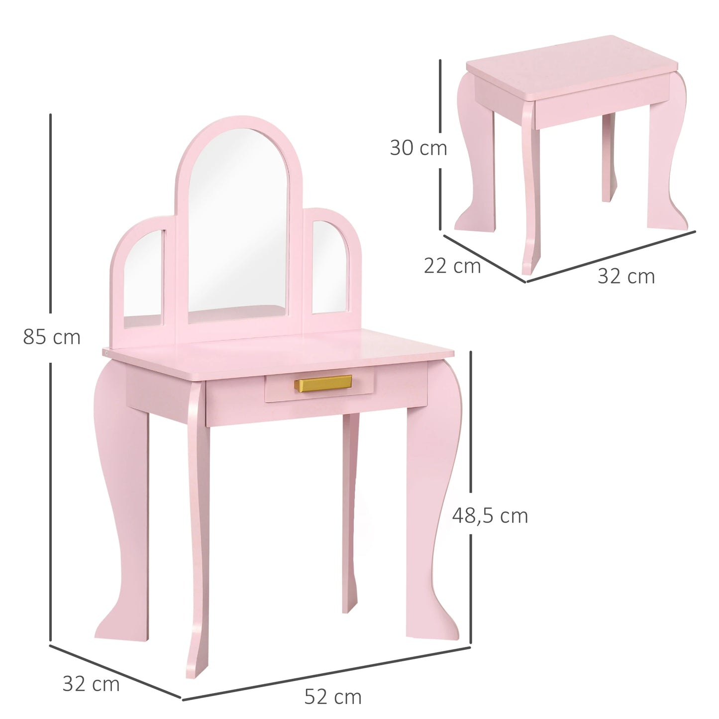 Kids Vanity Mirror Dressing Table with Chair and Drawer Storage - Pink