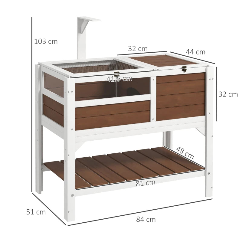 Raised Wooden Tortoise House, with Shelter, Run, Shelf and Lamp Holder - Brown / White - (lamp not included)