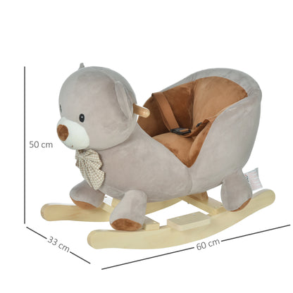 Toddlers Plush Teddy Bear Style Ride on Rocking Horse with Wooden Base and Bucket Seat