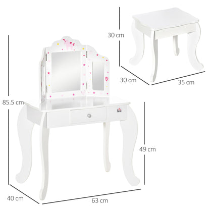 Kids Makeup Vanity Mirror Table with Chair and Folding Mirrors