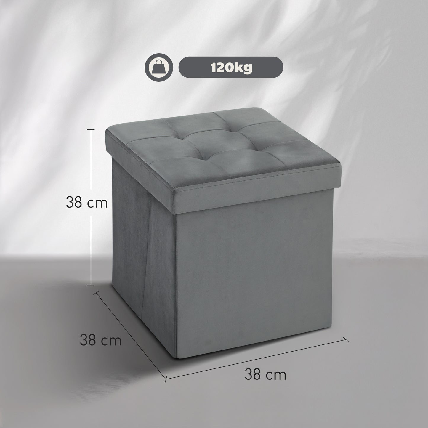 Foldable Velvet-Feel Storage Ottoman - Grey