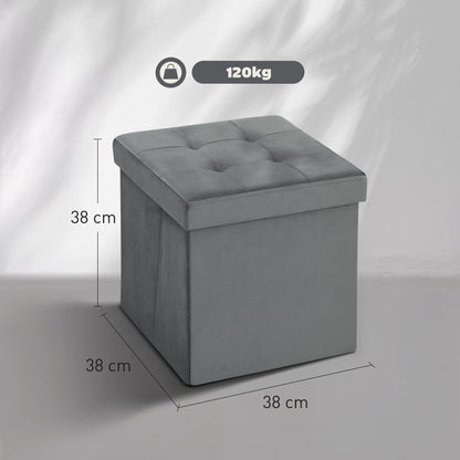 Foldable Velvet-Feel Storage Ottoman - Grey