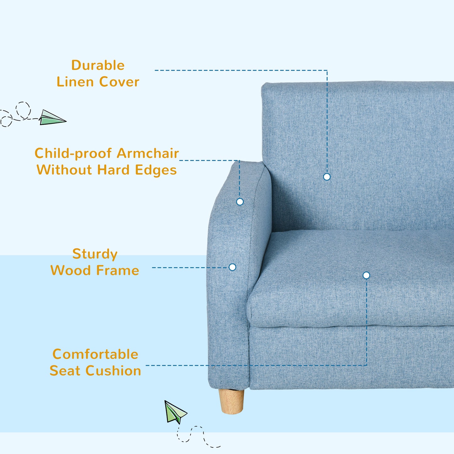 Children's Armchairs Toddler Chair Wood Frame Anti-Slip Legs High Back Bedroom Playroom Furniture Blue