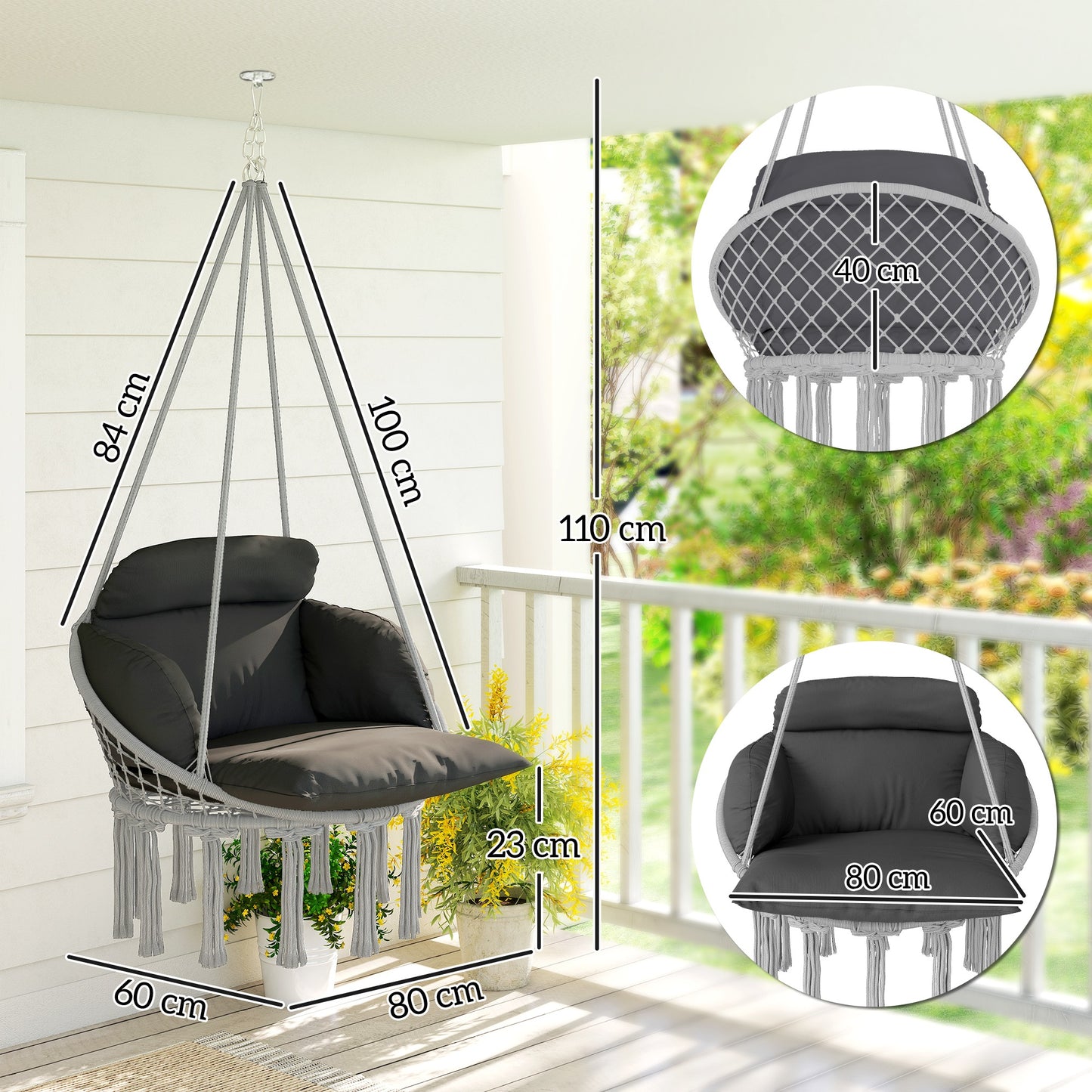 Hanging Chair Outdoor Hammock Chair with Soft Cushion, Cotton Rope Boho Style Swing Chair
