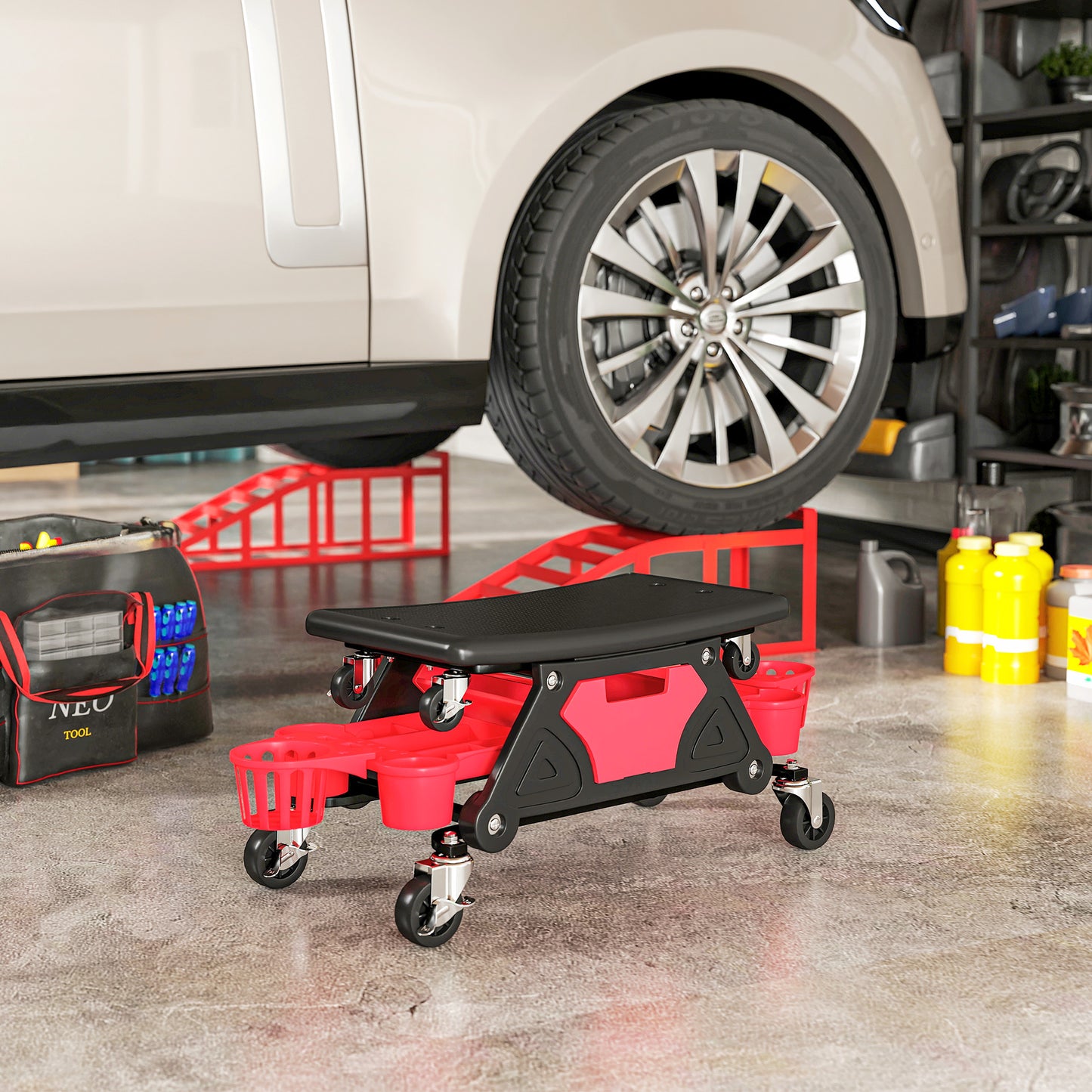 Rolling Mechanic Stool, 135kg Capacity Workshop Stool with 360° Swivel Wheels, Roller Creeper Seat with Slide Out Tool Trays