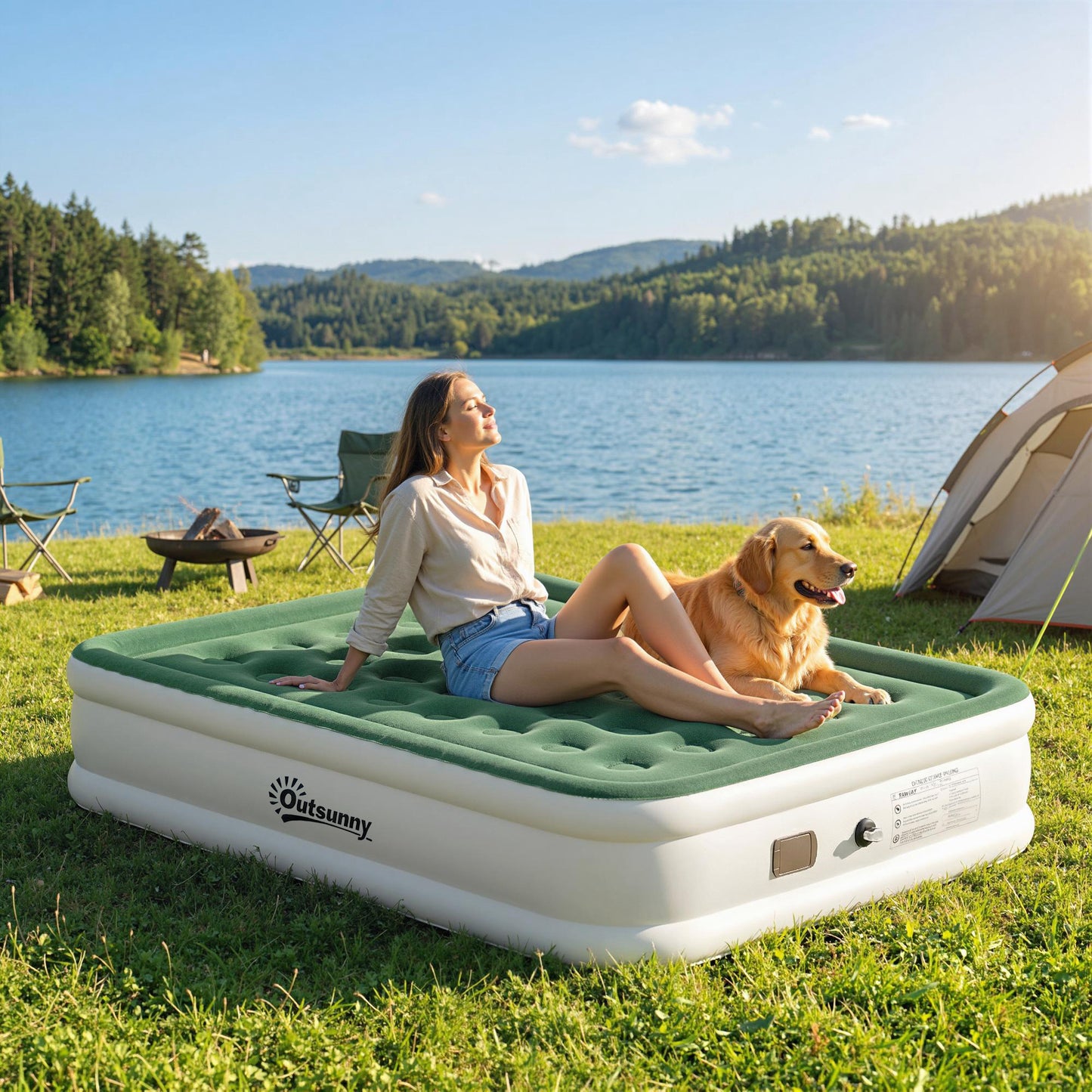 Inflatable Mattress, Double Air Bed with Built-in Electric Pump, 3 Mins Inflation, Flocked Surface, Dark Green