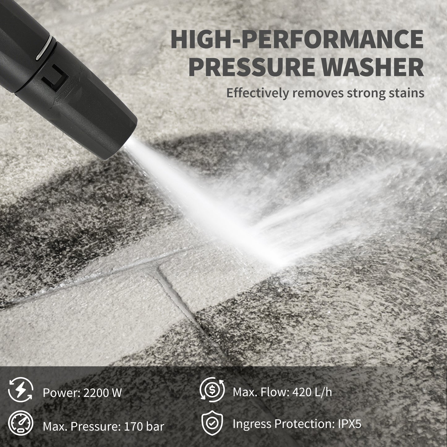 2200W High Pressure Washer, 170 Bar Pressure Washer with Adjustable Nozzle and 6M Hose, 33 x 31.5 x 80.5 cm, Yellow