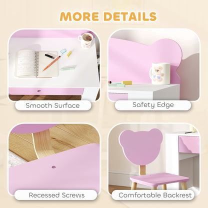 Kids Desk and Chair Set with Drawer for Drawing, Reading, Bear Theme Children Furniture for Bedroom, Daycare, Pink