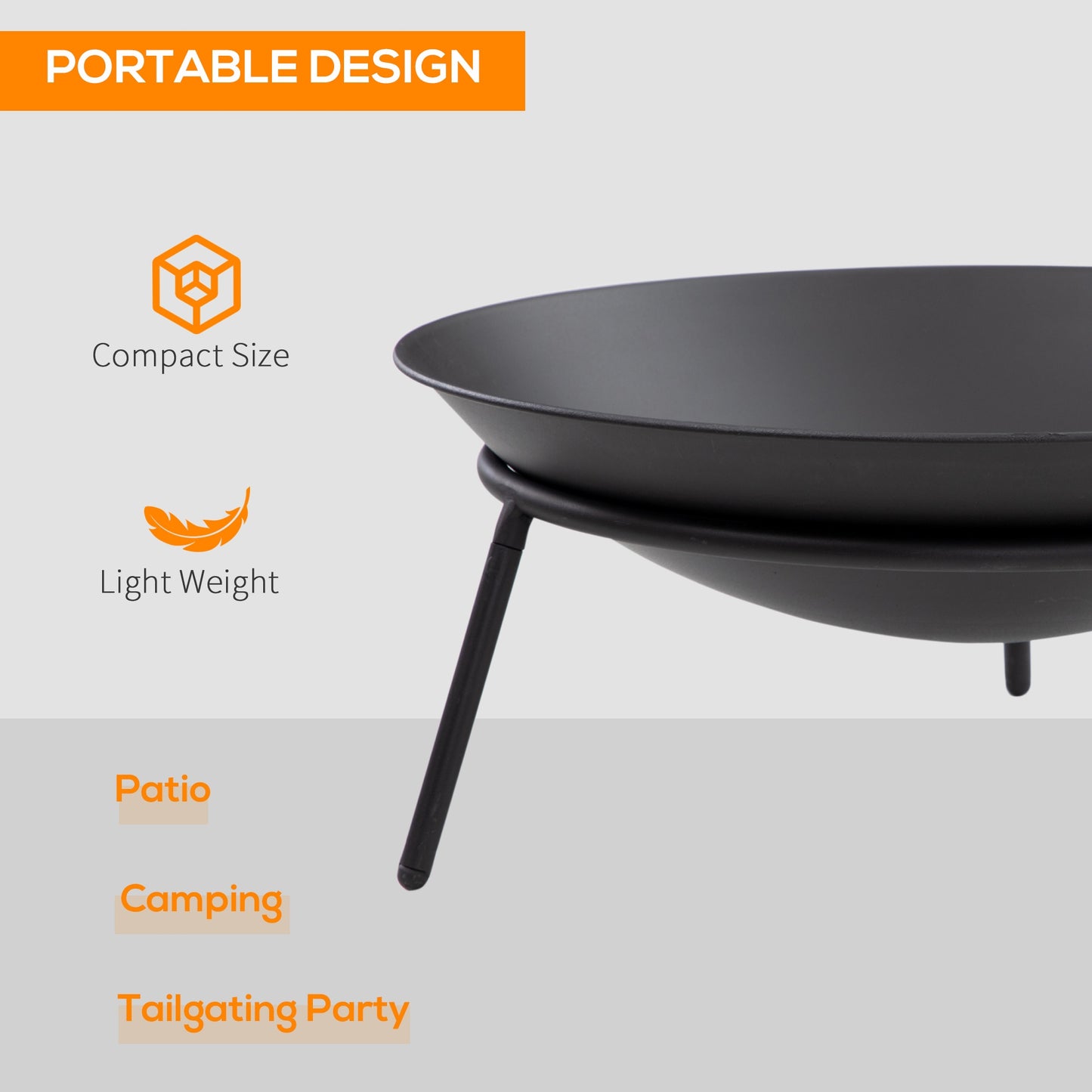 Outdoor Fire Pit, Portable Round Firepit with Poker, for Garden, Camping, Bonfire, Picnic, Dia. 47 x 21 cm, Black
