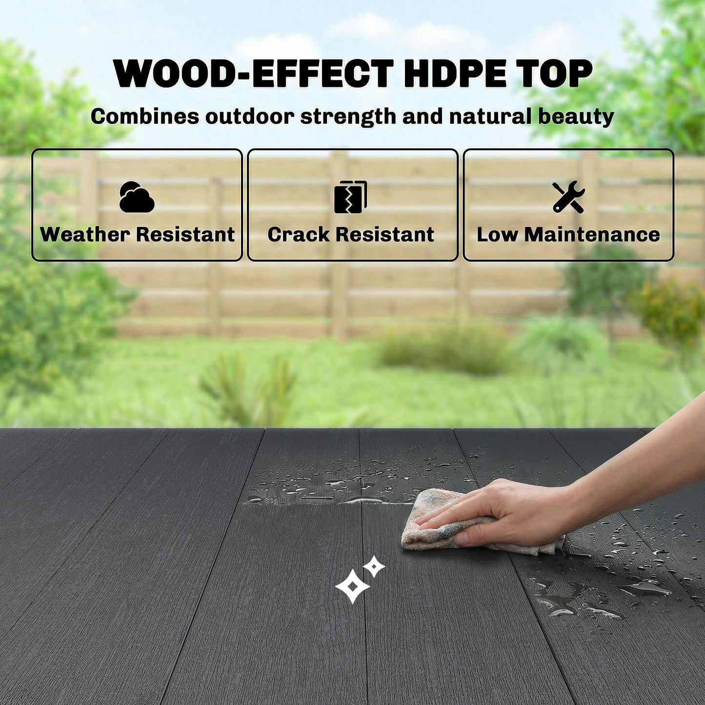 Garden Dining Table for 6, Rectangular Outdoor Table with Wood Effect HDPE Top, X-Shaped Metal Legs, Black