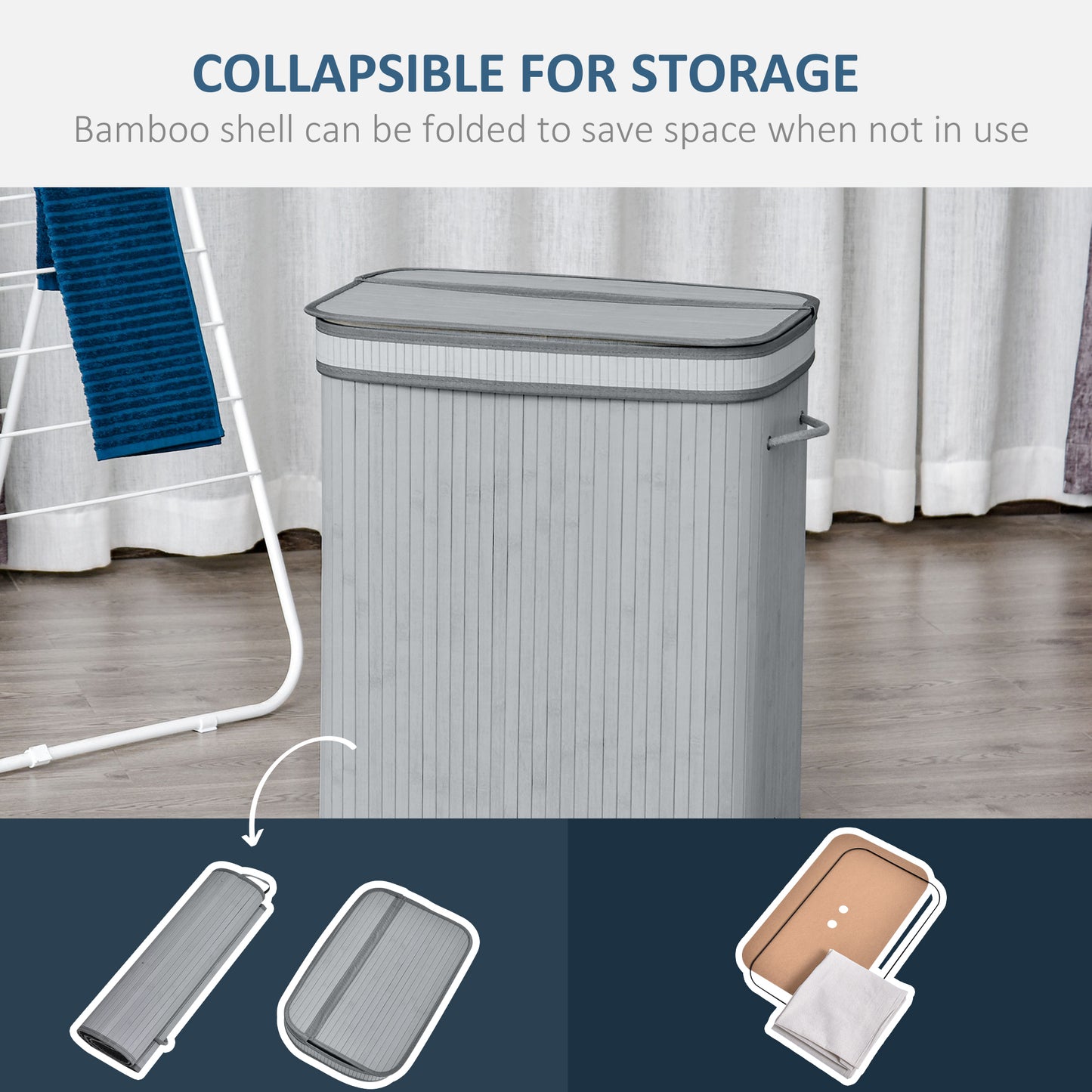 100L Natural Wood Laundry Basket A Compartment w/Flip Lid Removable Lining Handles Board Base Foldable Durable Water-Resistan