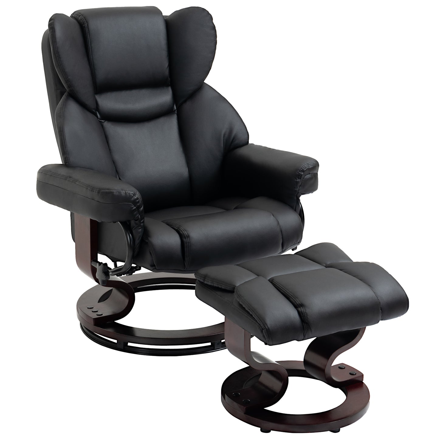 360° Swivel Recliner Chair with Footstool, PU Leather Manual Recliner Armchair with Footstool, Solid Wood Base