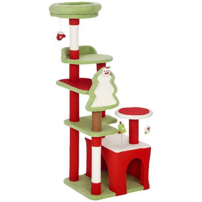 Cat Tree, 120cm Christmas Cat Tower with 3 Scratching Posts, Scratching Board, 2 Perches, Platforms, Toys, Green