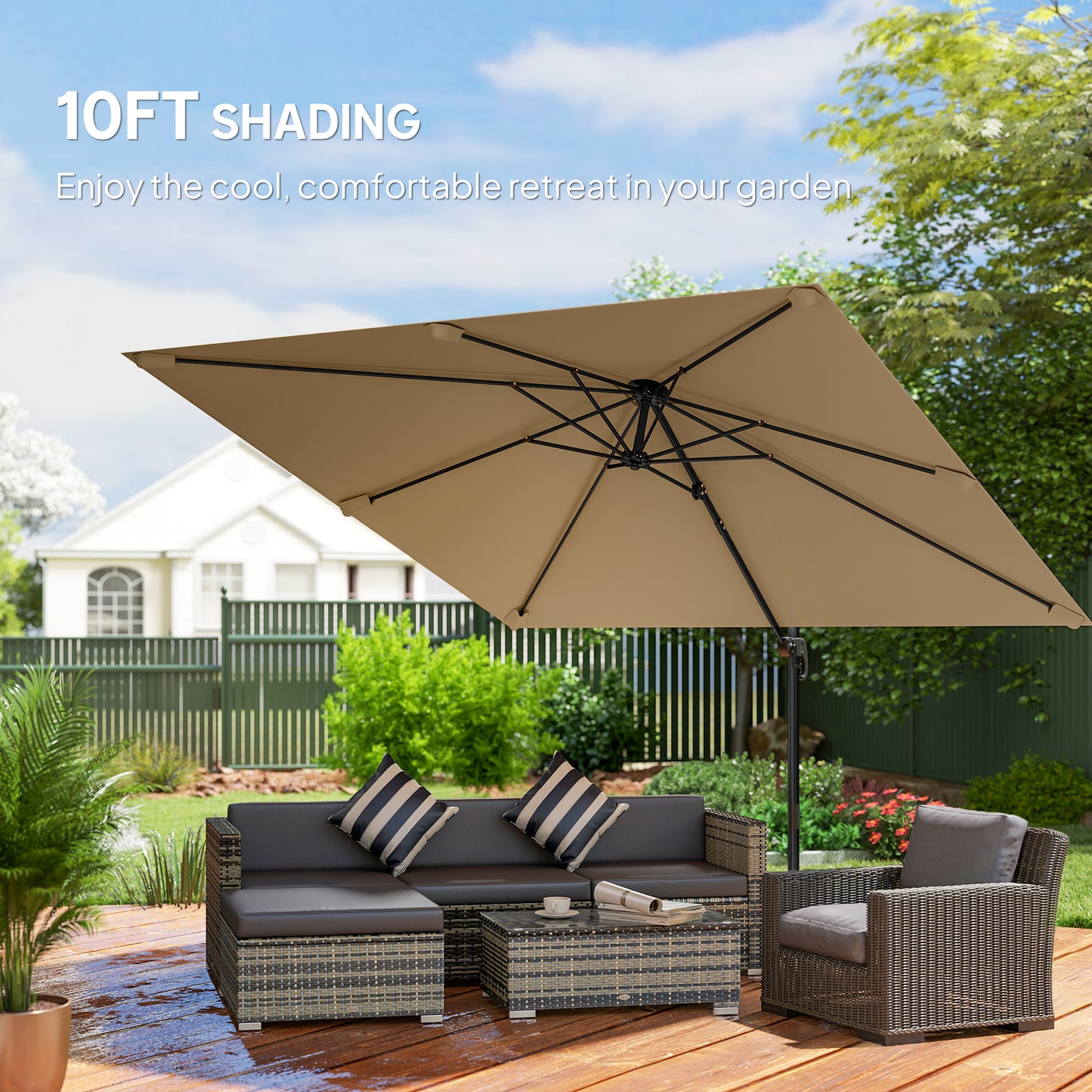 3 x 3 m Cantilever Parasol, Square Patio Umbrella with Crank Handle, Cross Base, Tilt, 360° Rotation, Khaki