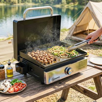 Grill Griddle, Portable Gas Plancha, 3.5 kW, Tabletop Gas BBQ with Grease Cup for Camping Picnic Patios, Black