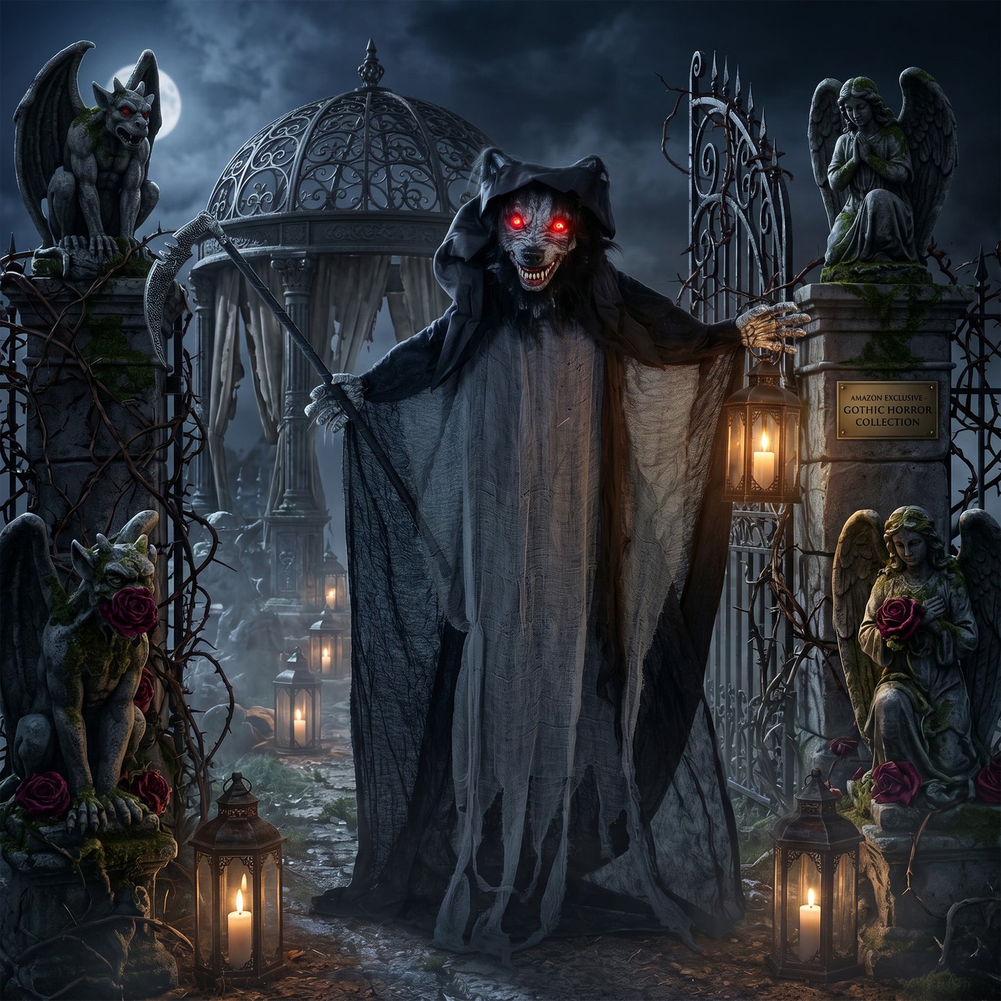Halloween Standing Werewolf Animated Decoration with Light-Up Eyes, Sound and Touch Activated