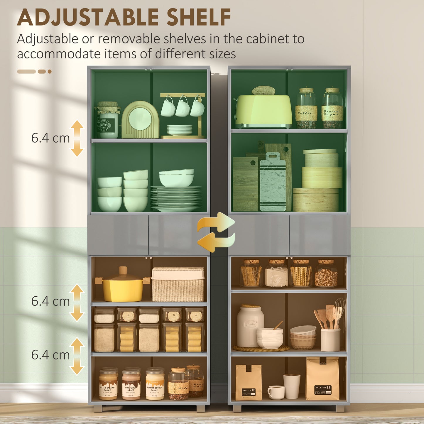 Storage Cabinet, Kitchen Cupboard with 3 Adjustable Shelves, 60L x 35W x 170H cm, High Gloss Grey