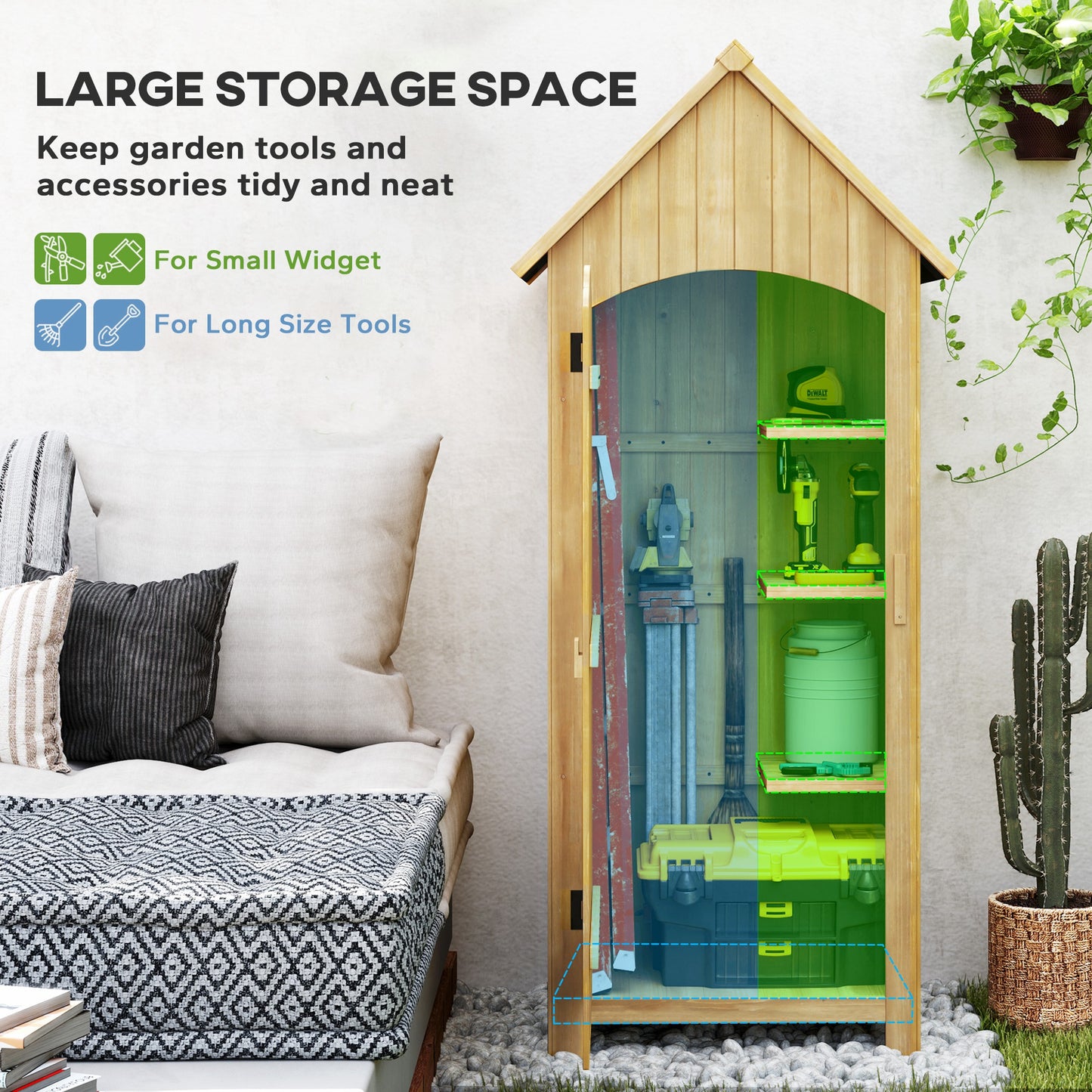 Wooden Garden Storage Shed with 3 Shelves, Outdoor Tool Storage Cabinet with Tilt Roof and Lockable Door