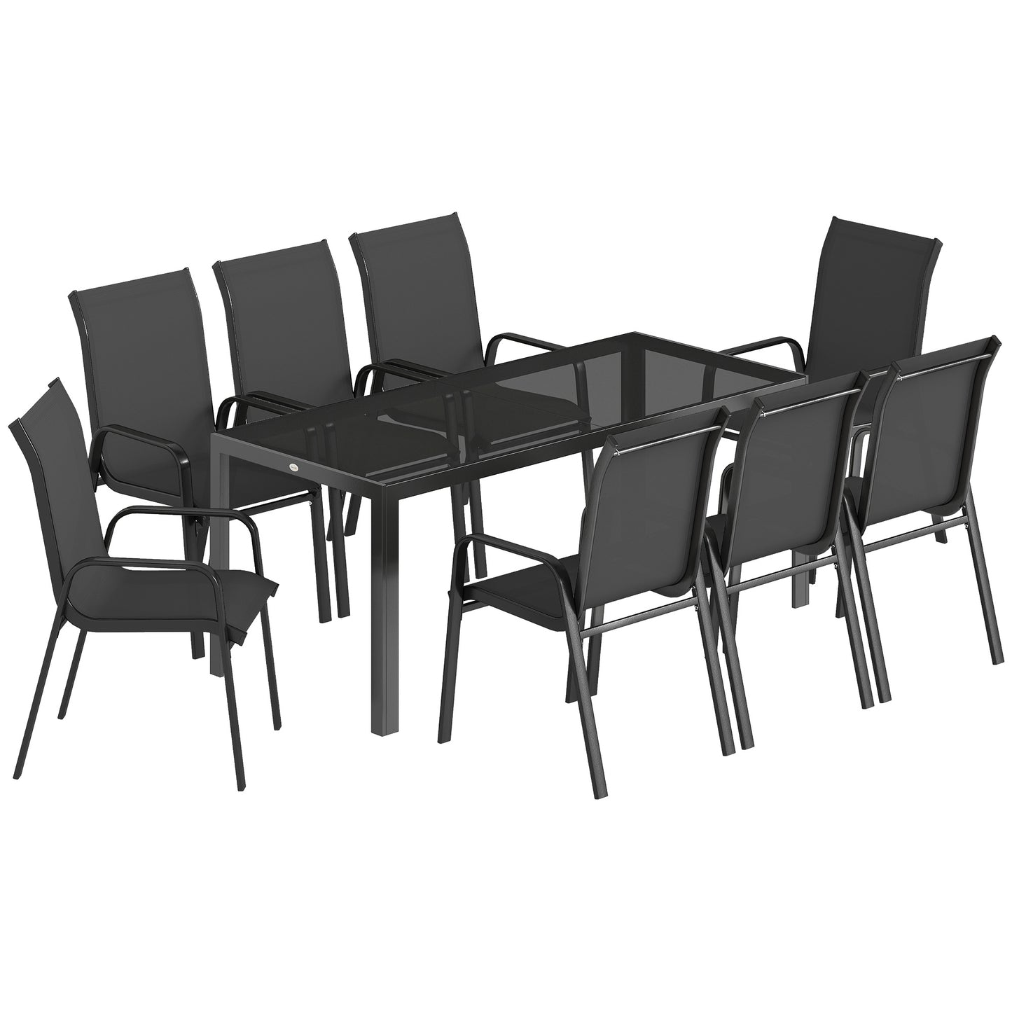 9 Pieces Garden Dining Set, Outdoor Table and Chairs Set for 8, Garden Furniture Set with Tempered Glass Top, Black