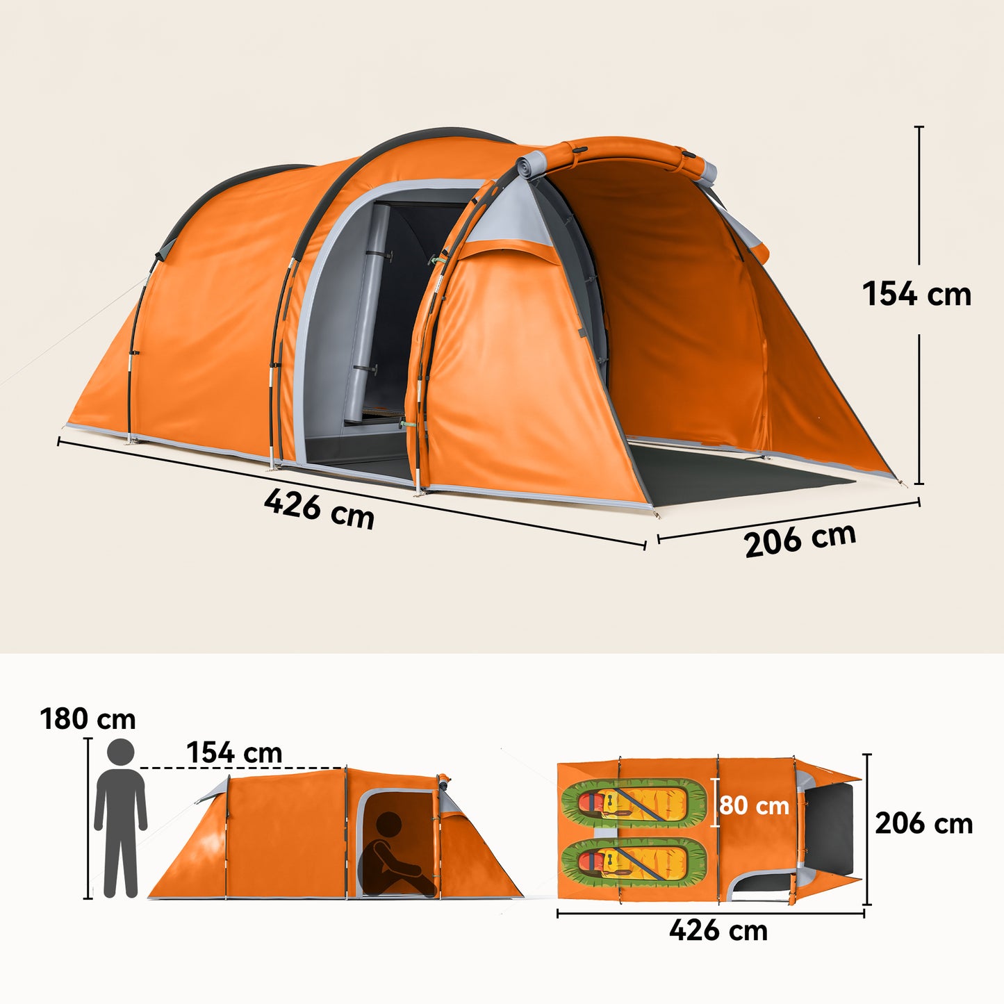 2 Man Tunnel Tent with Sewn-in Groundsheet, Air Vents, Rainfly, 2000mm Large Camping Tent with Bedroom, Porch