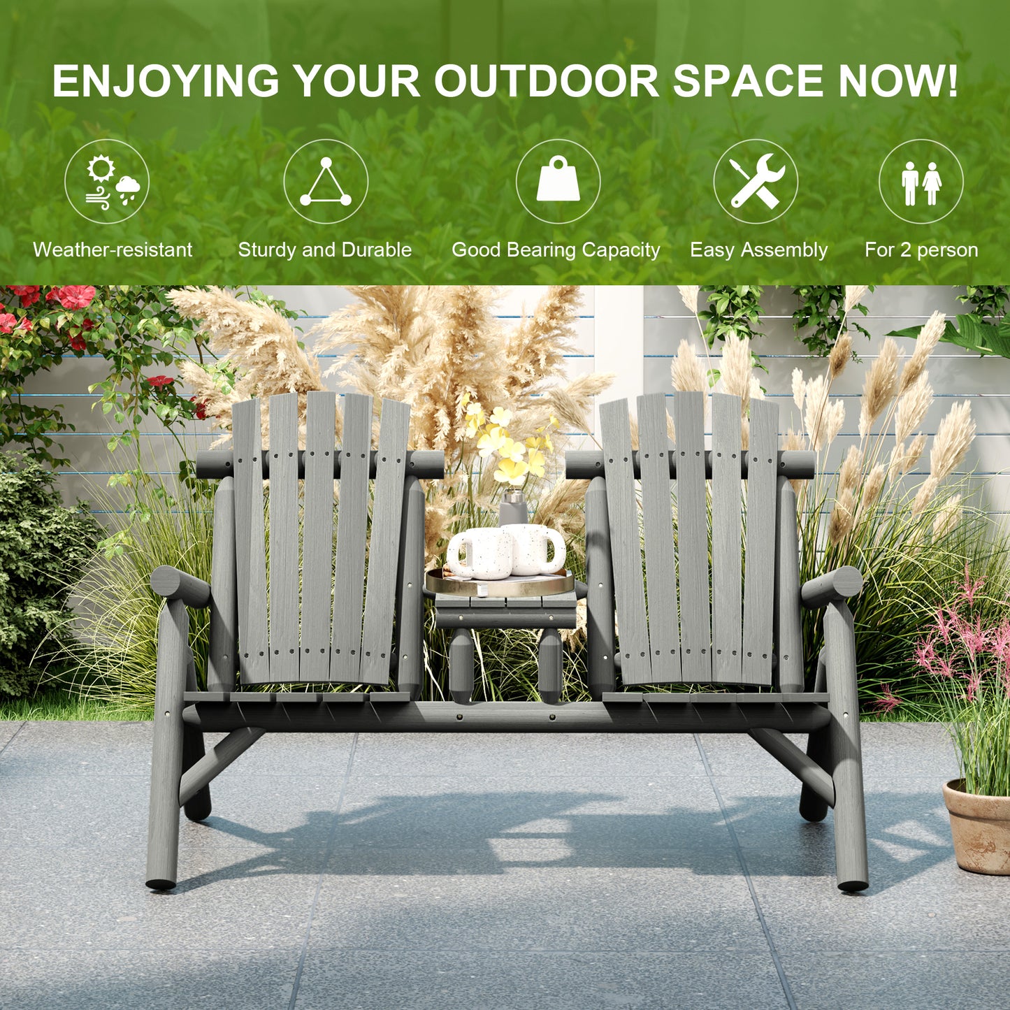 Wood Patio Chair Bench 2 Seats w/ Centre Coffee Table, Garden Bench, Grey