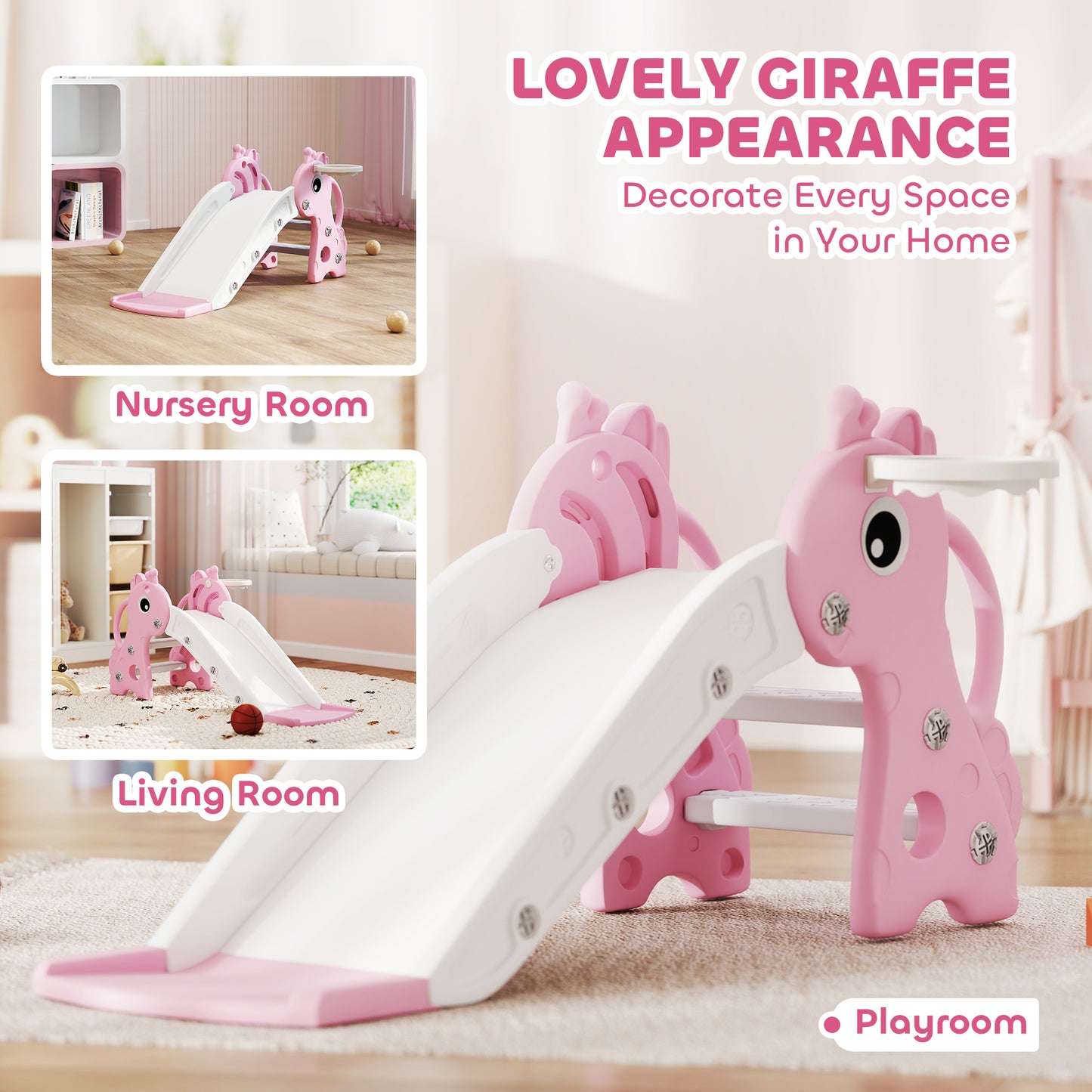 3 in 1 Kids Slide with Climber, Basketball Hoop and Ball, Giraffe Shape Climber Slide for Indoor Kids Age 1-3, Pink