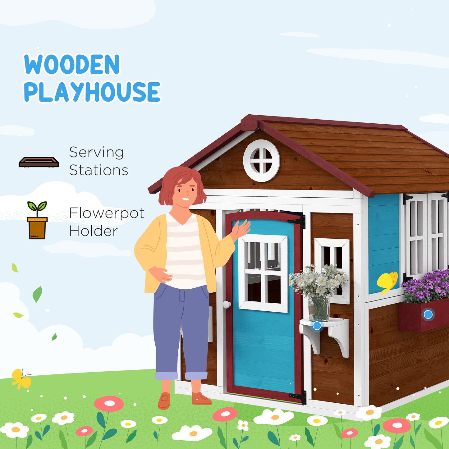 Wooden Playhouse with Doors, Windows, Plant Pots, Boxes, for 3-8 Years - Dark Brown