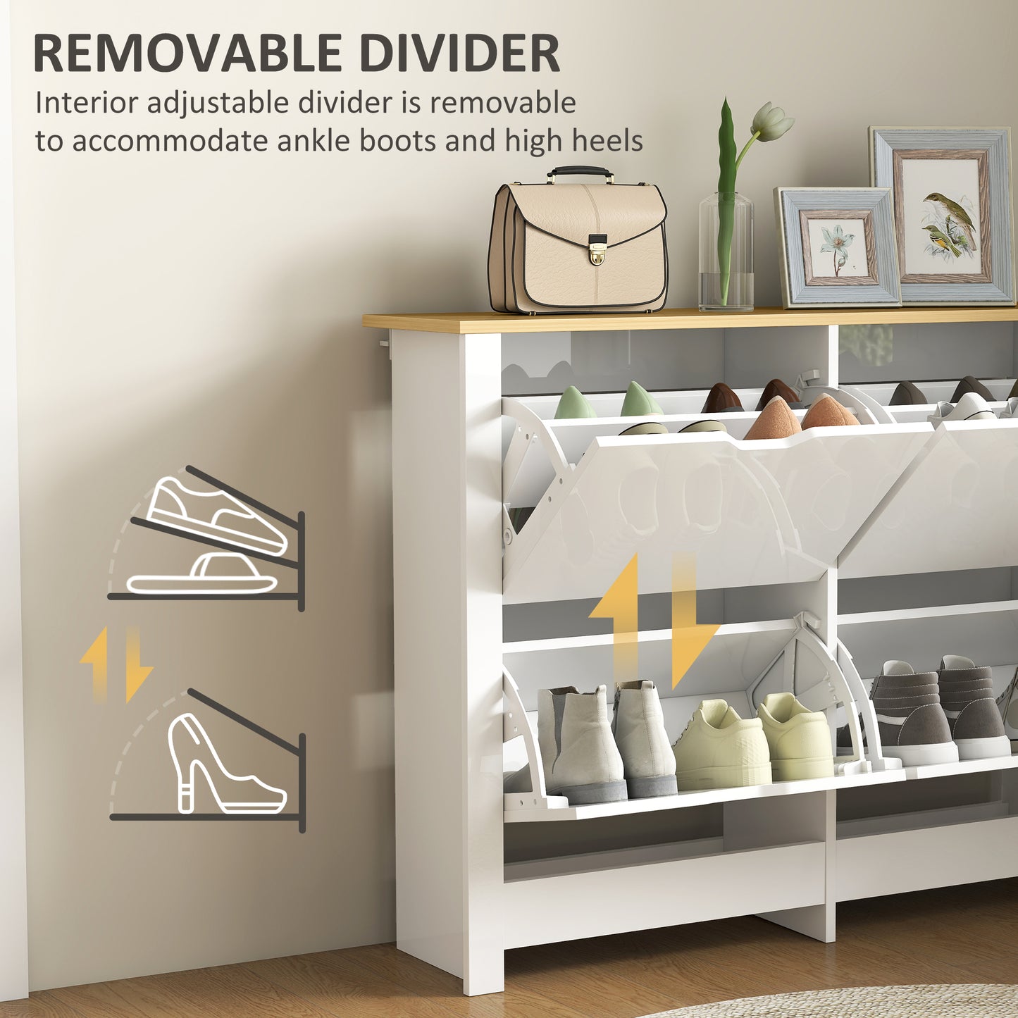 Slim Shoe Cabinet, Narrow Shoe Cupboard with 4 Flip Drawers, Adjustable Shelves for 16 Pairs of Shoes, White