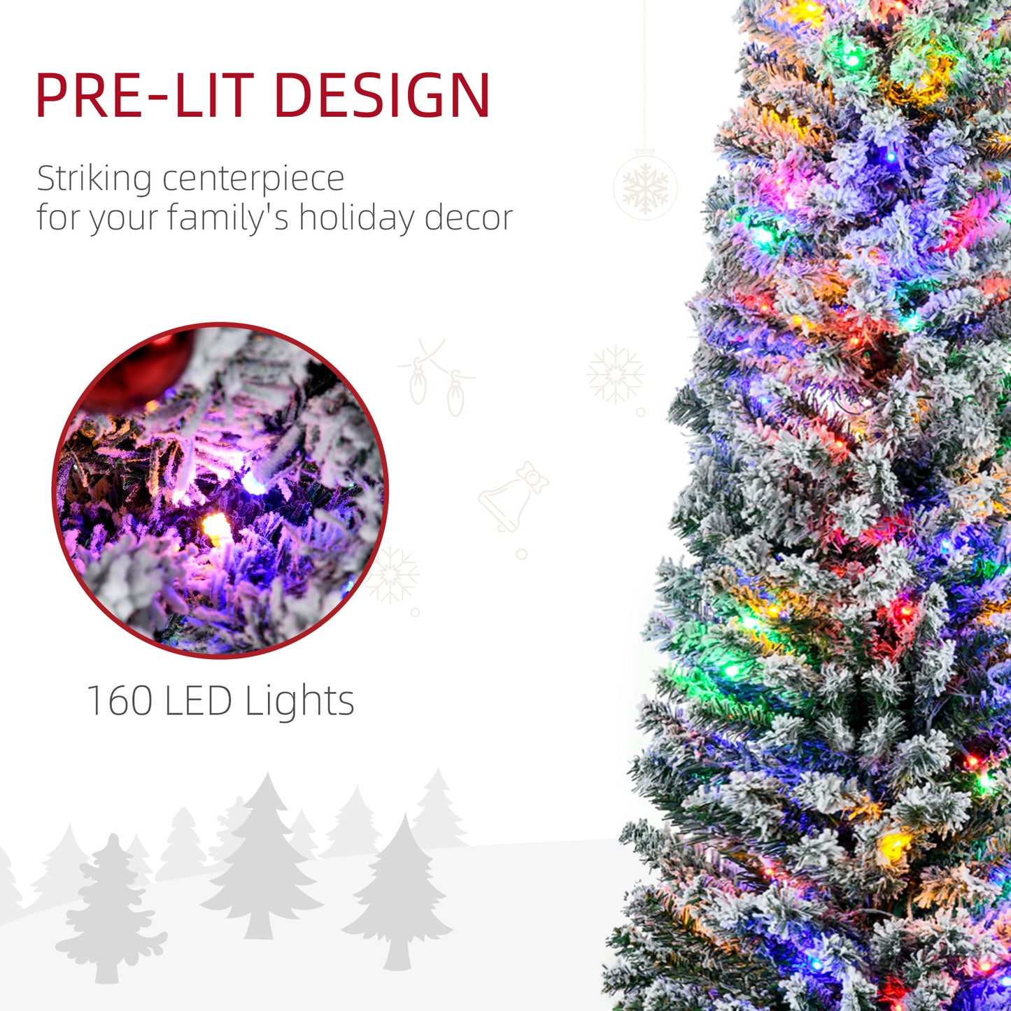 6' Artificial Prelit Christmas Trees Holiday Décor with Colourful LED Lights, Flocked Tips, Berry, Pine Cone