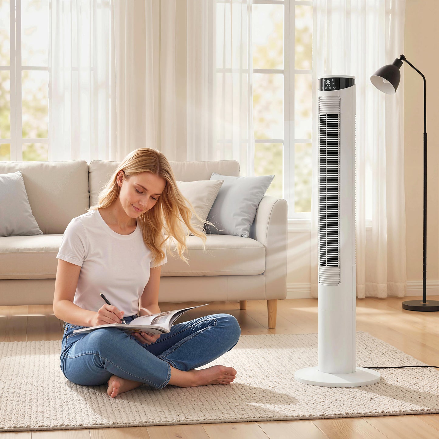 Tower Fan with WiFi Control Standing Floor Fan with Remote Control 116 cm White