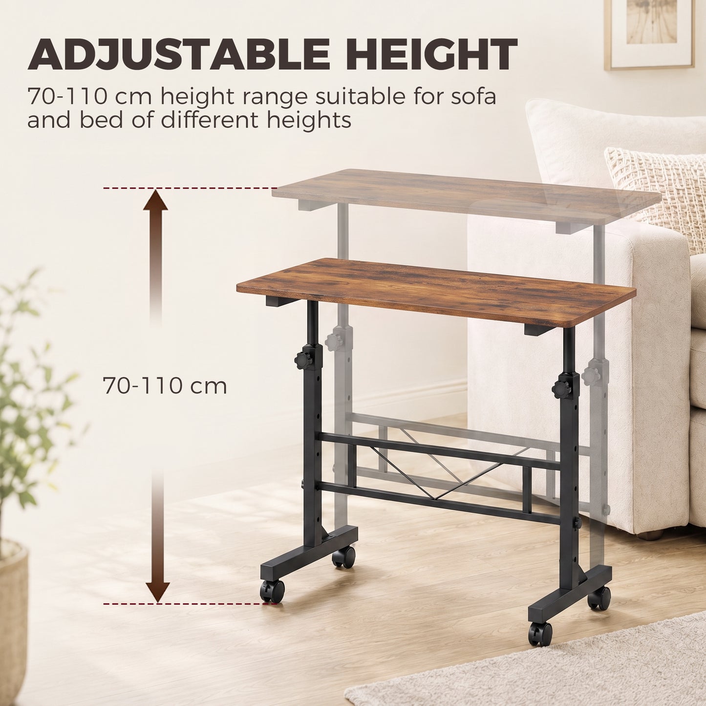 Overbed Table Adjustable Height Sofa Side Table with Wheels 80 x 40 cm Rustic Brown Black
