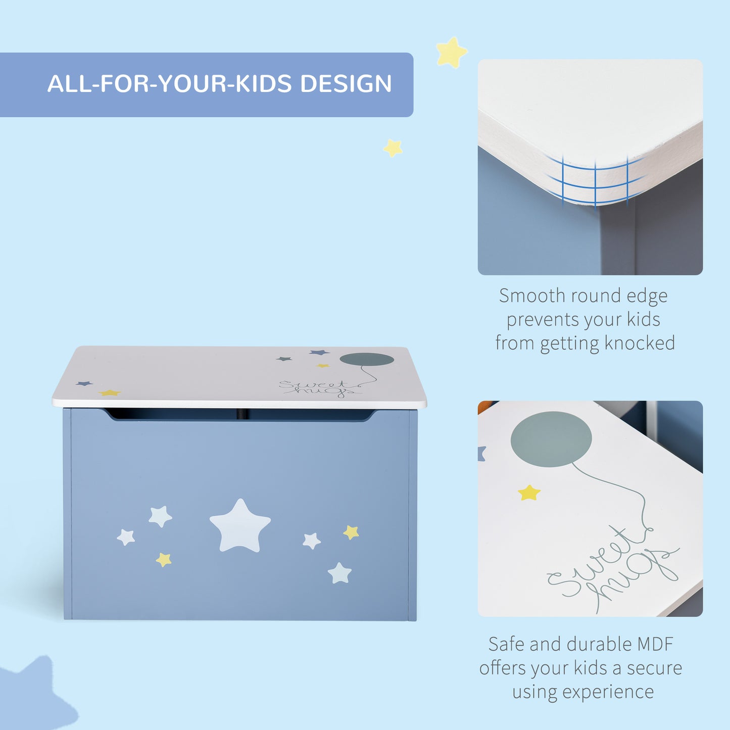 Kids Wooden Toy Box Children Storage Chest Organiser Side Handle Safety Hinge Play Room Furniture Blue