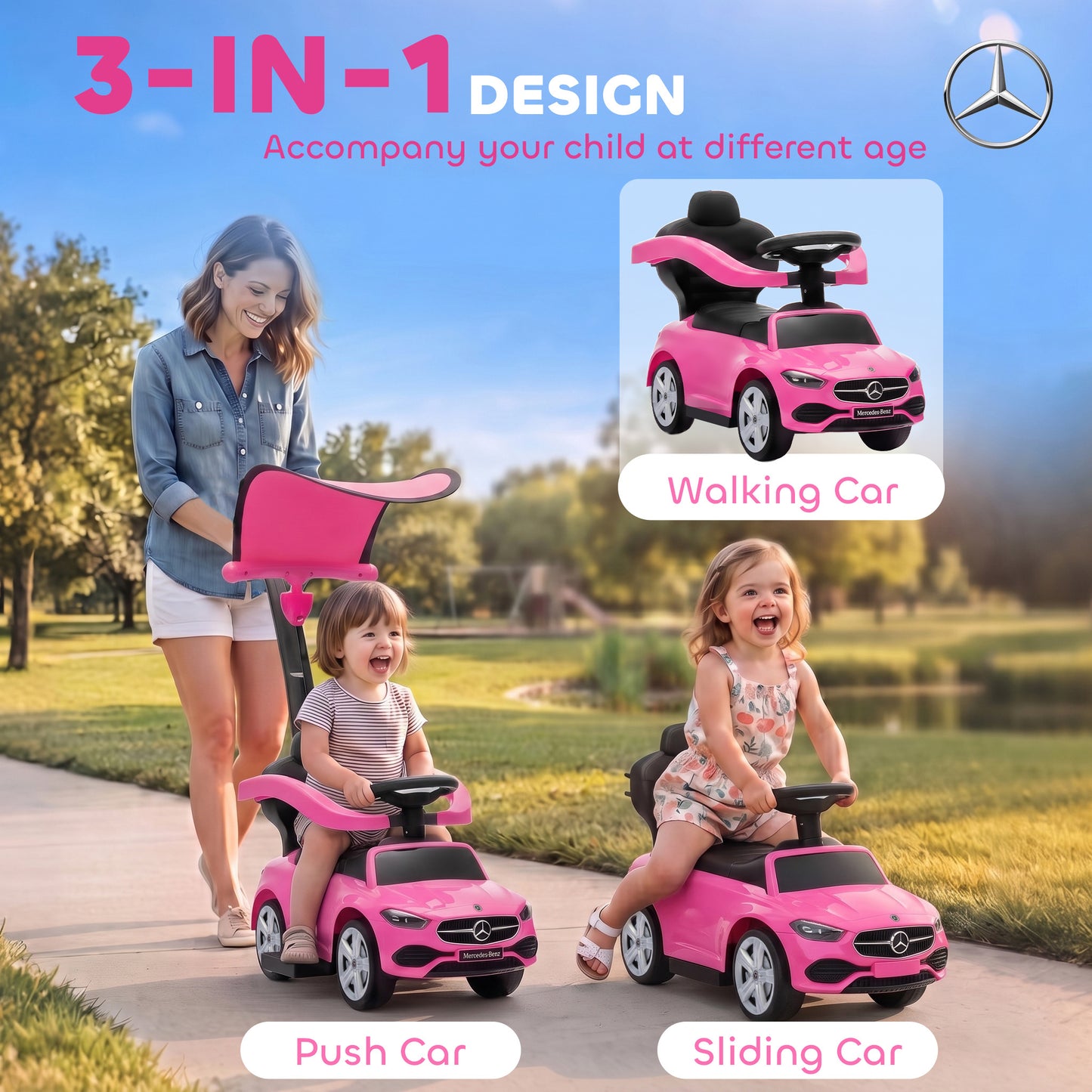 3 in 1 Licensed Benz Ride on Push Car with Handle, Canopy, Guardrails, Horn, Music, Storage for 12-36 Months, Pink