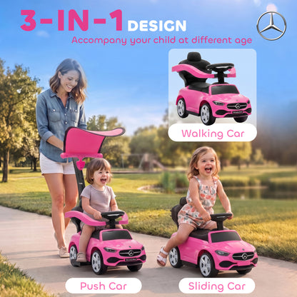 3 in 1 Licensed Benz Ride on Push Car with Handle, Canopy, Guardrails, Horn, Music, Storage for 12-36 Months, Pink