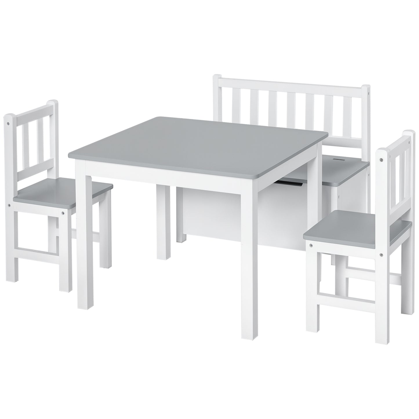 4-Piece Kids Table and Chair Set with 2 Wooden Chairs, 1 Storage Bench, and Interesting Modern Design, Grey/White