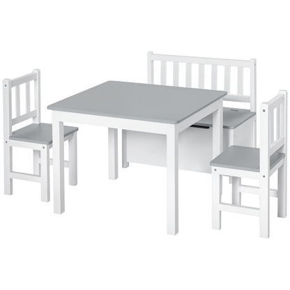 4-Piece Kids Table and Chair Set with 2 Wooden Chairs, 1 Storage Bench, and Interesting Modern Design, Grey/White