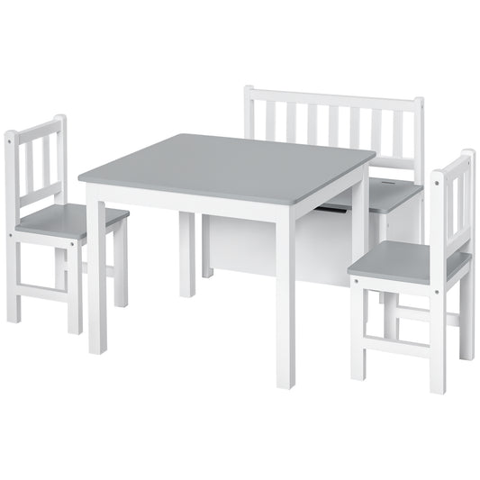 4-Piece Kids Table and Chair Set with 2 Wooden Chairs, 1 Storage Bench, and Interesting Modern Design, Grey/White