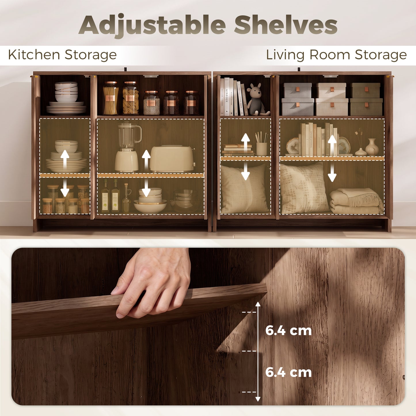 Sideboard Cabinet, Modern Storage Cabinet with 3 Doors and Adjustable Shelves for Living Room, Dining Room, Brown