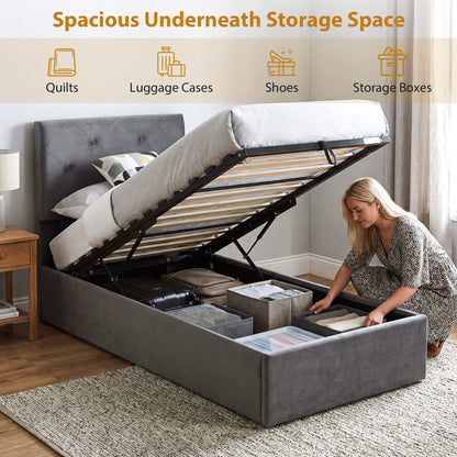 Single Bed Frame Gas End Lift Under Bed Storage Upholstered Platform Bed Tufted Headboard for 90 x 190 cm Mattress