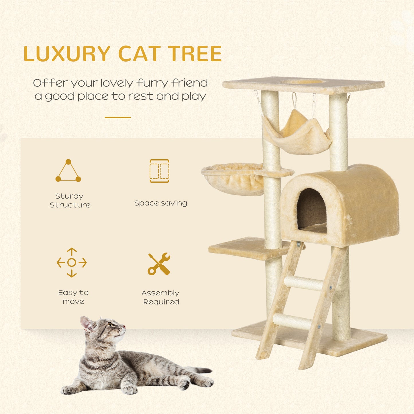 Cat Tree Tower for Indoor Cats Kitten Activity Centre Scratching Post w/ Hammock House Basket Ladder - Beige
