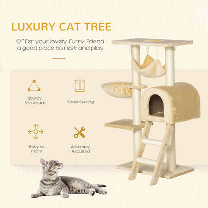 Cat Tree Tower for Indoor Cats Kitten Activity Centre Scratching Post w/ Hammock House Basket Ladder - Beige
