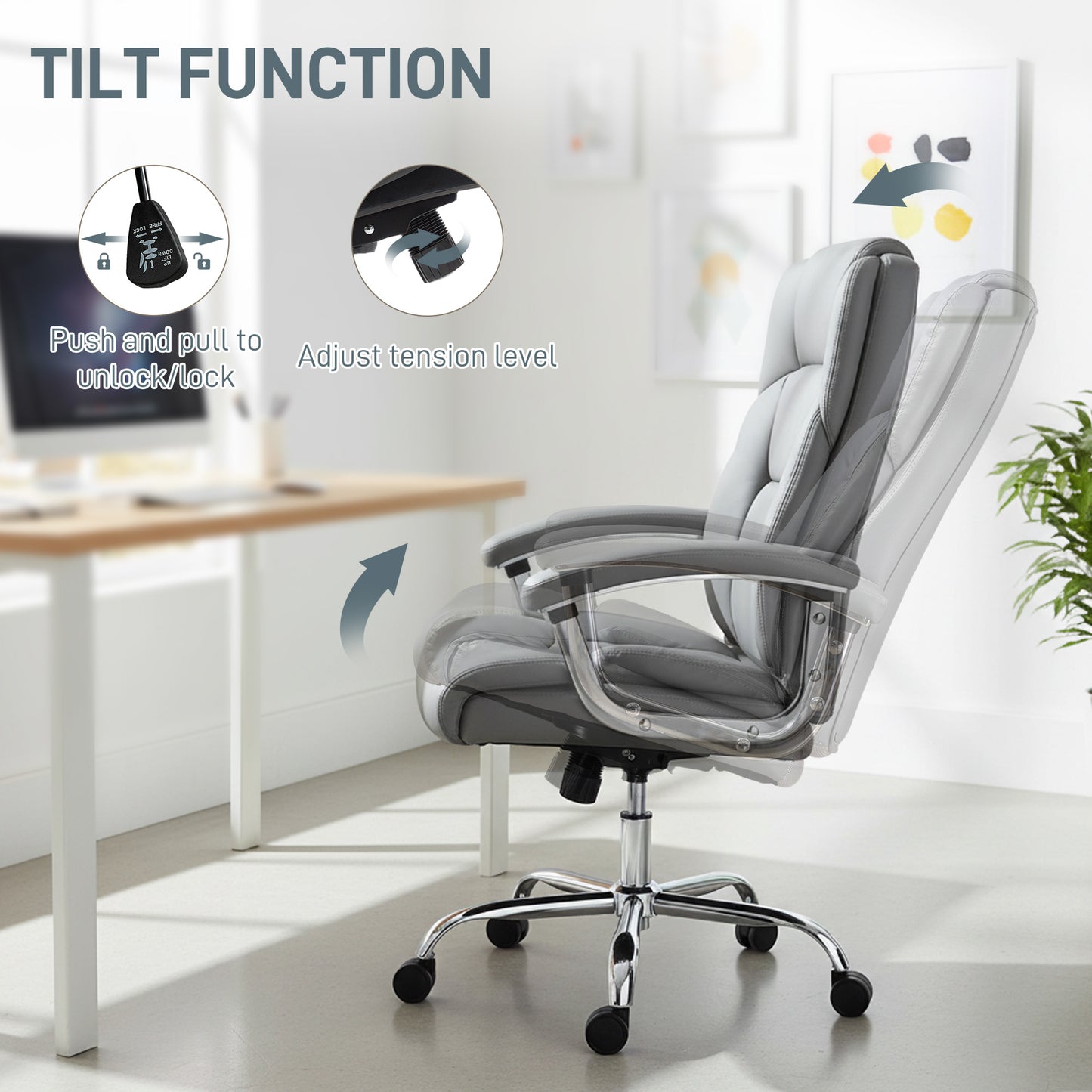 Big and Tall Office Chair 180kg with Spring Cushion, PU Leather - Grey