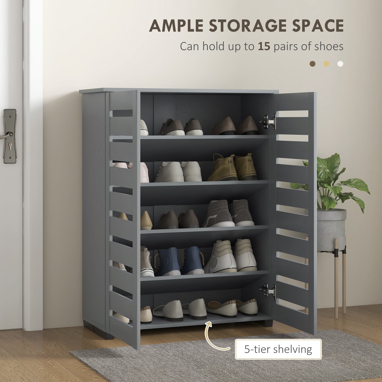 Narrow Shoe Cabinet for Entryway, 5-Tier Slim Shoe Storage Cabinet with 2 Slatted Doors and Adjustable Shelves Grey