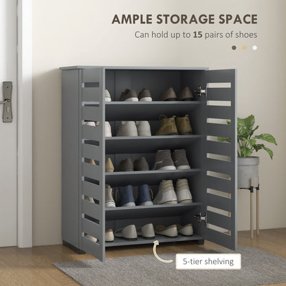 Narrow Shoe Cabinet for Entryway, 5-Tier Slim Shoe Storage Cabinet with 2 Slatted Doors and Adjustable Shelves Grey