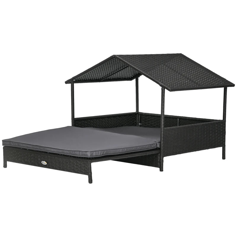 Extendable Elevated Dog Sun Bed Lounger, Rattan Dog House with Water-Resistant Roof and Removable Cushion - Cream