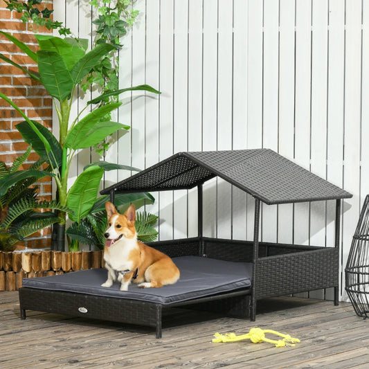 Extendable Elevated Dog Sun Bed Lounger, Rattan Dog House with Water-Resistant Roof and Removable Cushion - Cream