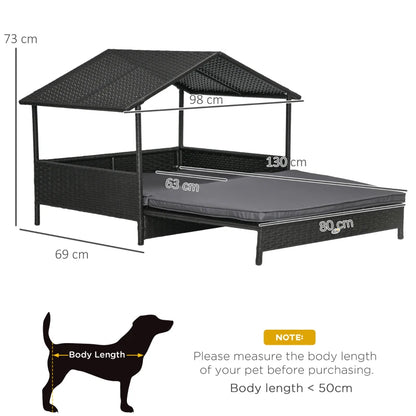 Extendable Elevated Dog Sun Bed Lounger, Rattan Dog House with Water-Resistant Roof and Removable Cushion - Cream