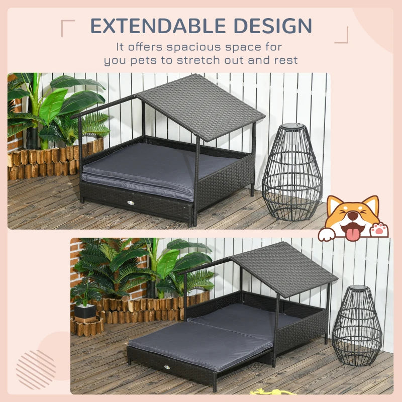 Extendable Elevated Dog Sun Bed Lounger, Rattan Dog House with Water-Resistant Roof and Removable Cushion - Cream
